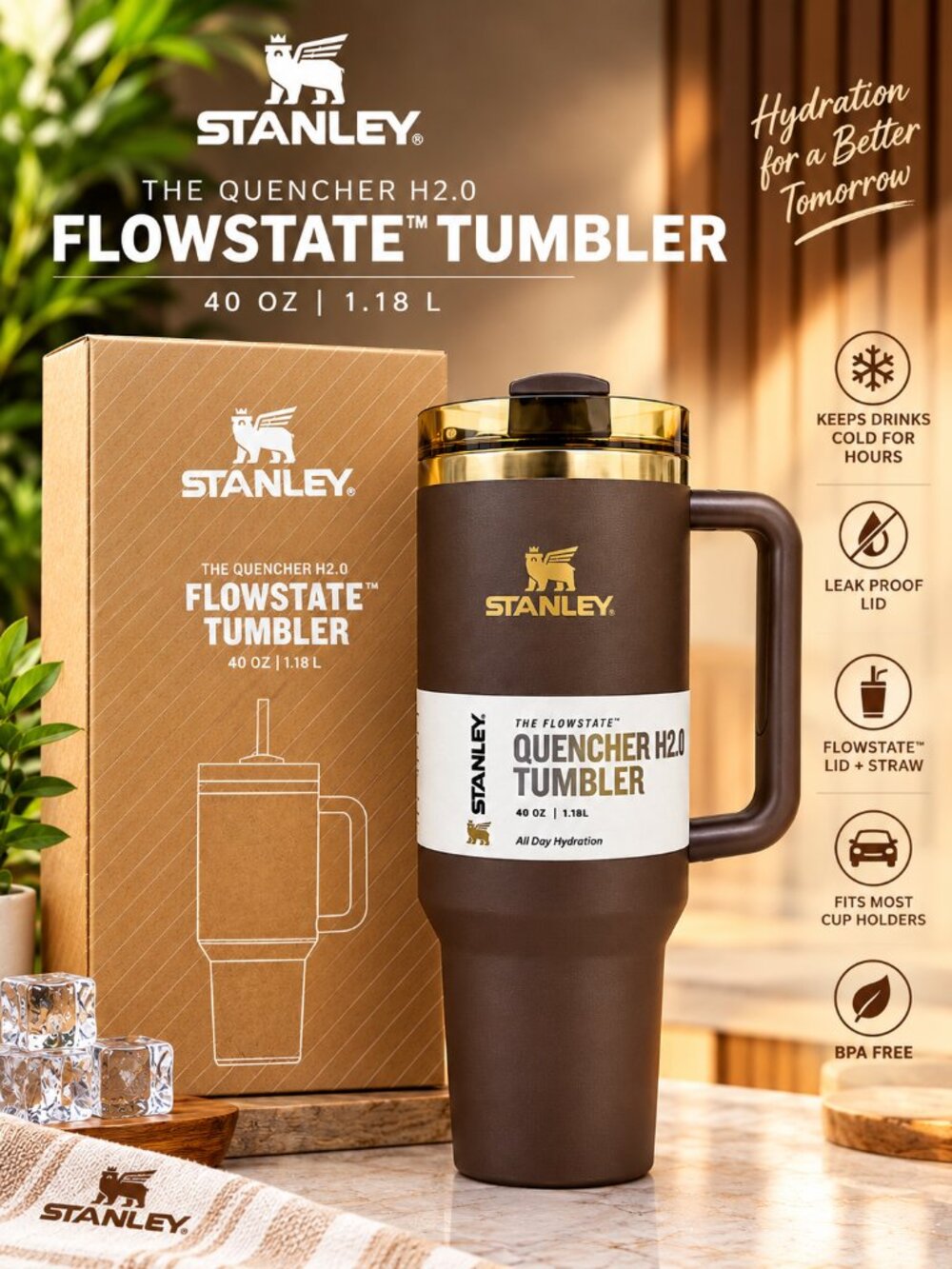 Stanley Chocolate Gold Quencher 40 oz Tumbler FlowState H2.0 – Factory Sealed